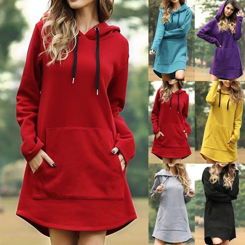 Solid Pocket Long-sleeved Hoody Dress