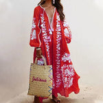 V-Neck Long Sleeve Printed Loose Dress