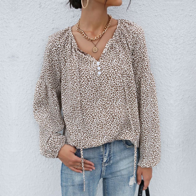 Long Sleeve V-Neck Drawstring Pullover Leopard Print Shirt