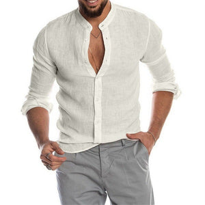 Long-sleeved Loose-fitting Men's Shirt With A Stand-up Collar In Linen