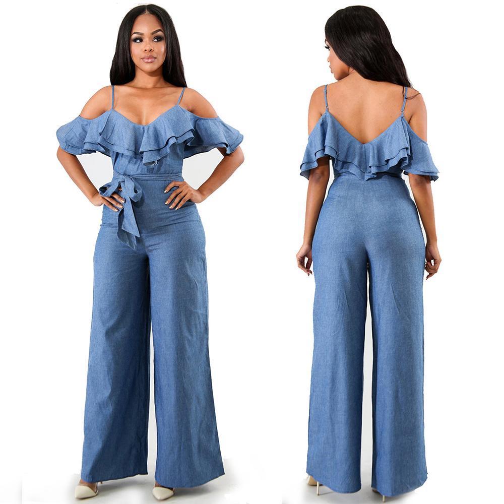 Sling Low-cut Ruffled Wide-leg Jumpsuit