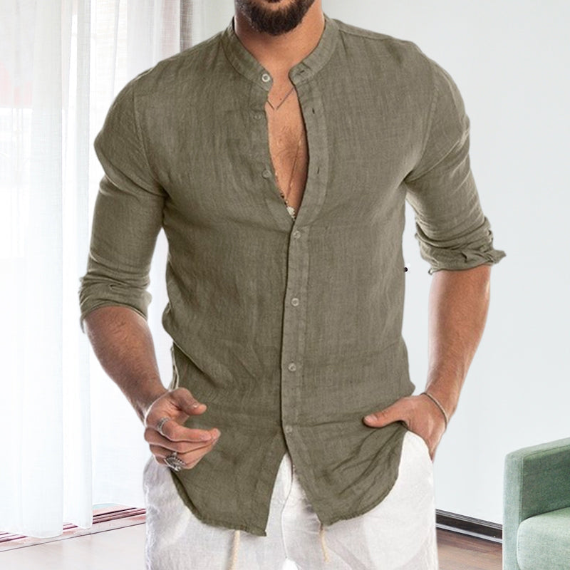 Long-sleeved Loose-fitting Men's Shirt With A Stand-up Collar In Linen