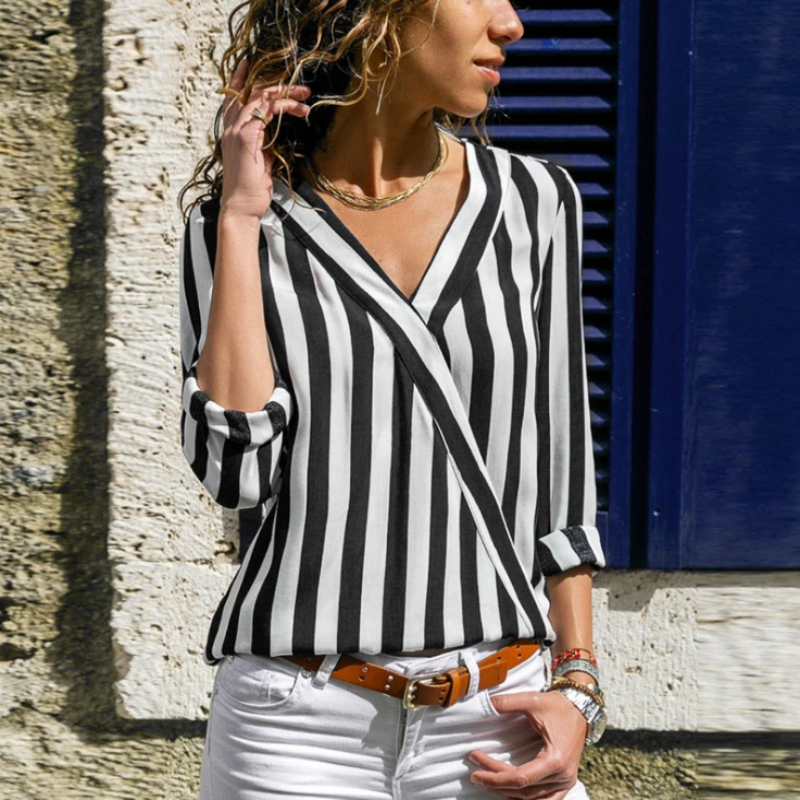 Women Shirt V-neck Striped Print Blouse