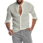 Long-sleeved Loose-fitting Men's Shirt With A Stand-up Collar In Linen