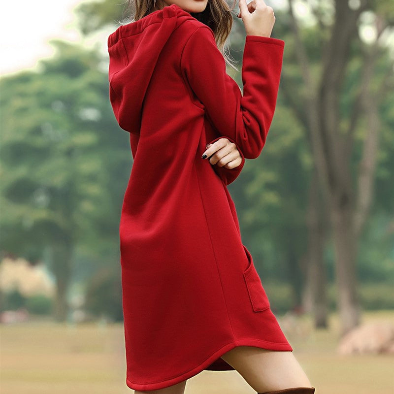 Solid Pocket Long-sleeved Hoody Dress