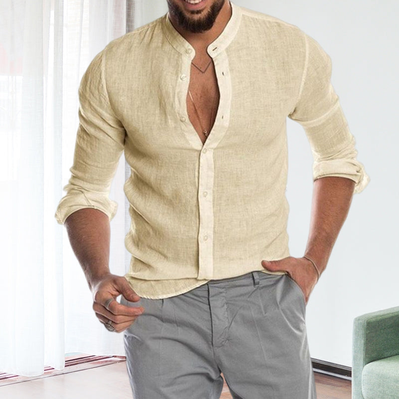 Long-sleeved Loose-fitting Men's Shirt With A Stand-up Collar In Linen