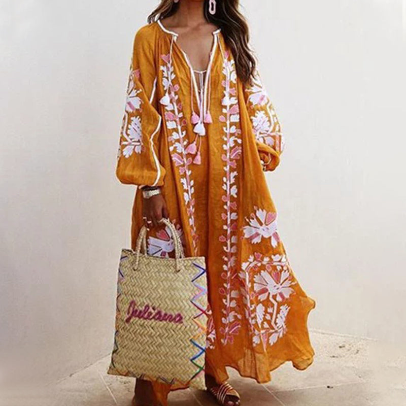 V-Neck Long Sleeve Printed Loose Dress