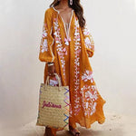 V-Neck Long Sleeve Printed Loose Dress