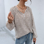 Long Sleeve V-Neck Drawstring Pullover Leopard Print Shirt