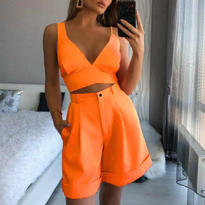 Fashion Solid Color Two Piece Tube Top High Waist Shorts