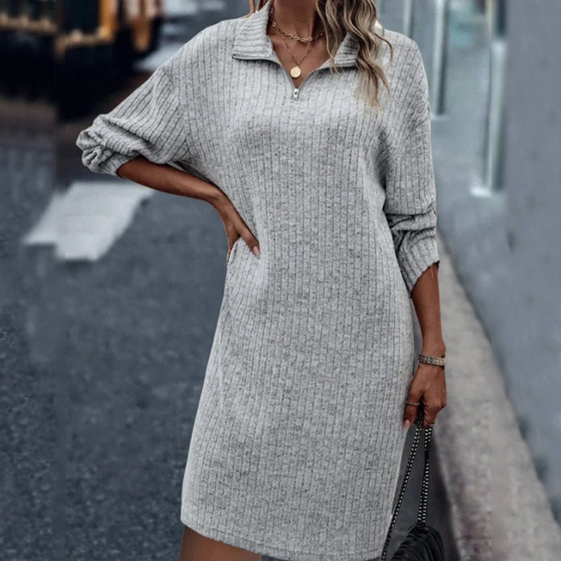 Solid Color Shift Dress with Long Sleeves and Zipper