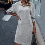 Solid Color Shift Dress with Long Sleeves and Zipper