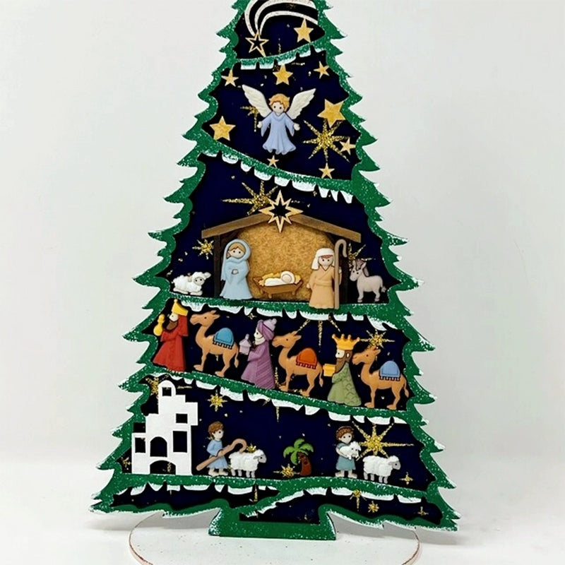 Christmas Tree Decorated with Nativity Set-Christmas Tree Shelf