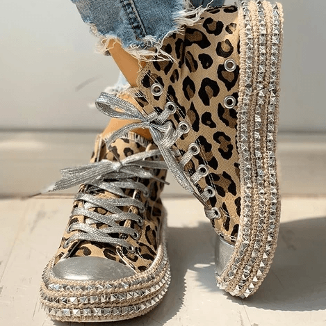 Leopard Rivet Embellished Lace-Up Sneakers