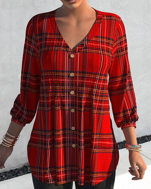 Checked V-neck Blouse