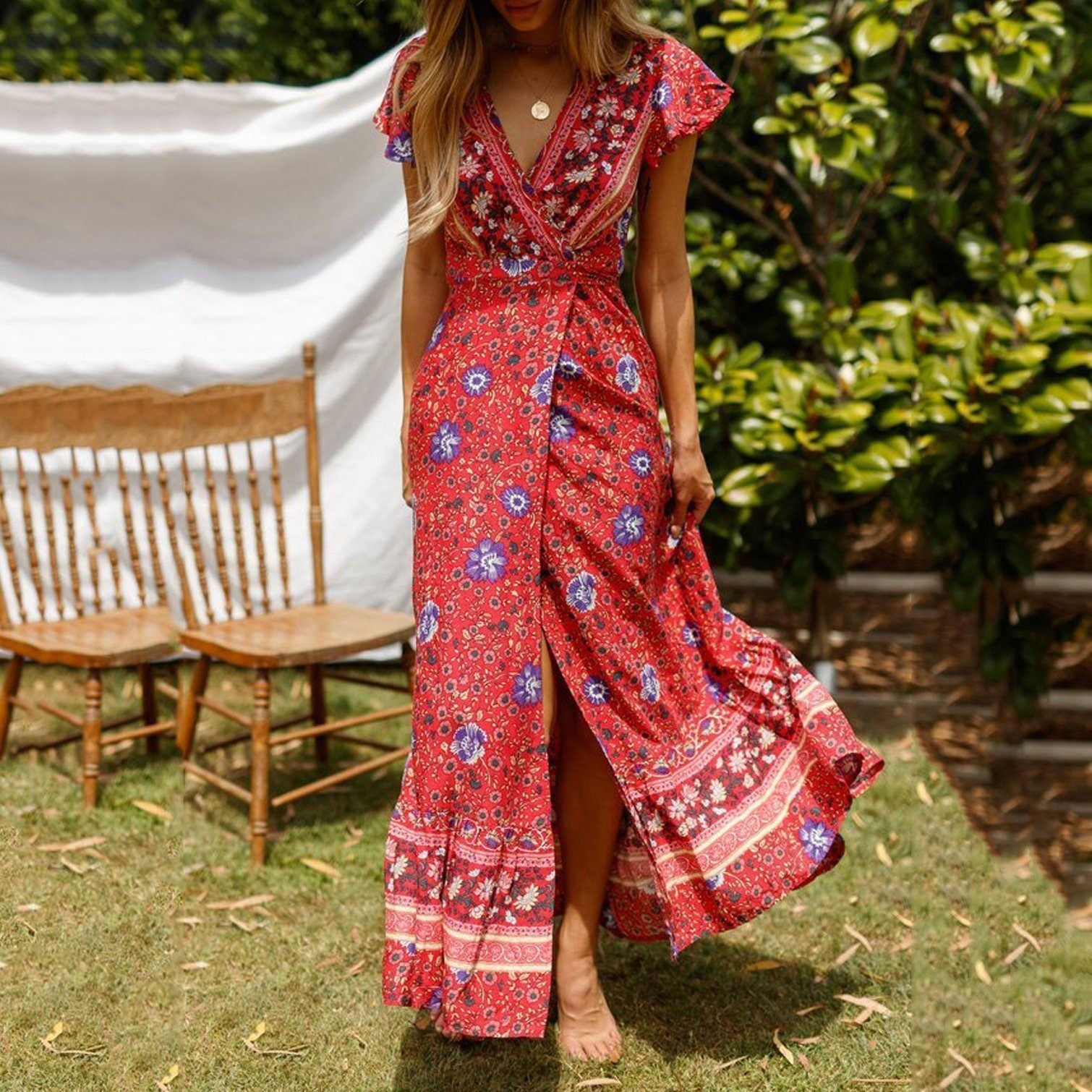 New Bohemian Big Pendulum V-Neck Beach Holiday Tie Printing Maxi Dresses.MC