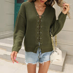 Solid V-Neck Cutout Lace-Up Knit Sweater