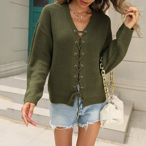 Solid V-Neck Cutout Lace-Up Knit Sweater