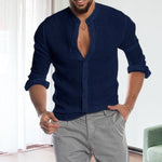 Long-sleeved Loose-fitting Men's Shirt With A Stand-up Collar In Linen