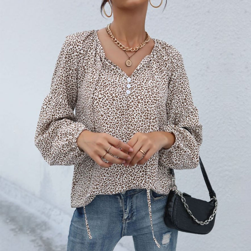 Long Sleeve V-Neck Drawstring Pullover Leopard Print Shirt