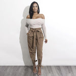 Women Solid Loose Pants Casual High Waist Belt Pocket Bow Tie Ruffles Trousers