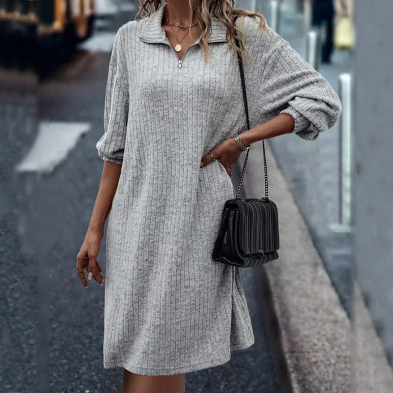 Solid Color Shift Dress with Long Sleeves and Zipper