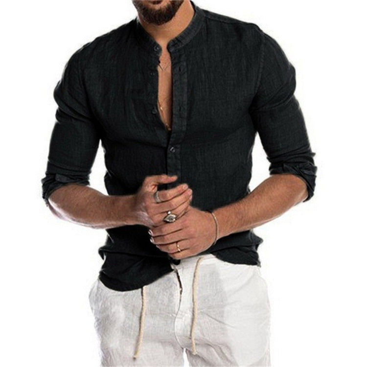 Long-sleeved Loose-fitting Men's Shirt With A Stand-up Collar In Linen