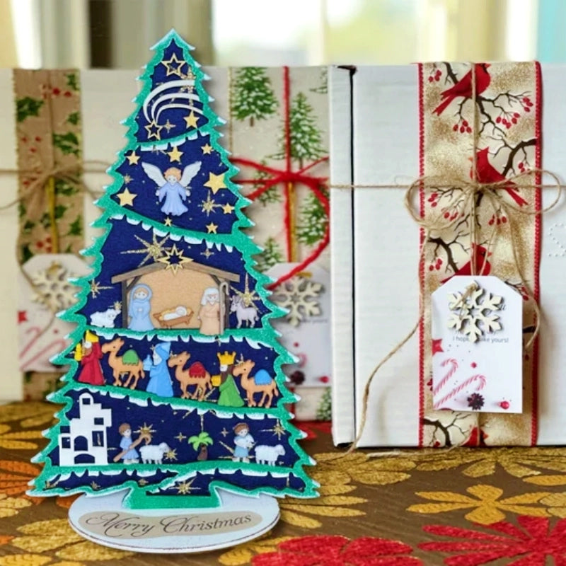 Christmas Tree Decorated with Nativity Set-Christmas Tree Shelf