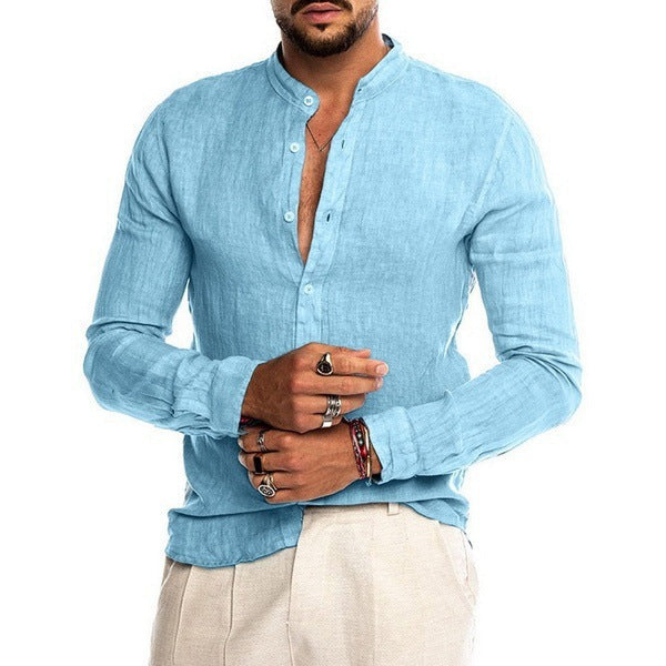 Long-sleeved Loose-fitting Men's Shirt With A Stand-up Collar In Linen