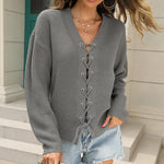 Solid V-Neck Cutout Lace-Up Knit Sweater