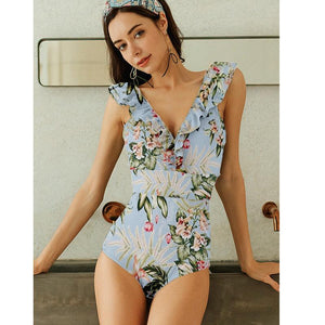 V-neck ruffled one-piece swimsuit