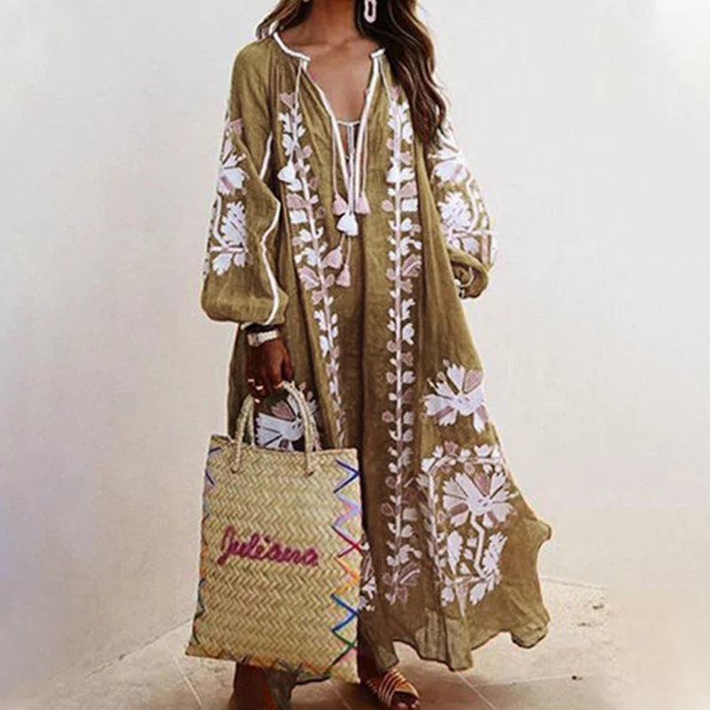 V-Neck Long Sleeve Printed Loose Dress