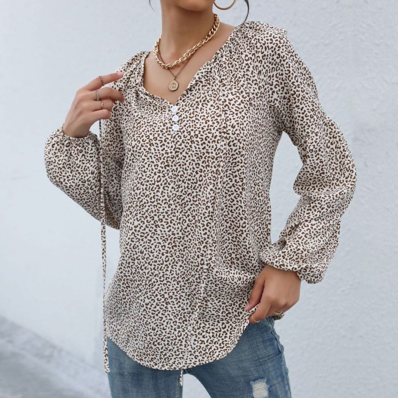 Long Sleeve V-Neck Drawstring Pullover Leopard Print Shirt