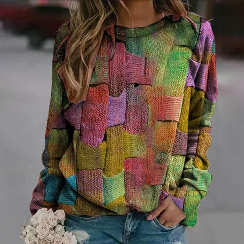 Crew-neck Paneled Long-sleeve Printed Sweater