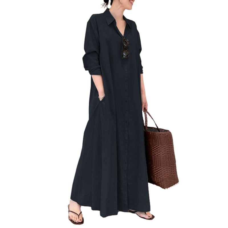 Button Down Solid Long Shirt Dress