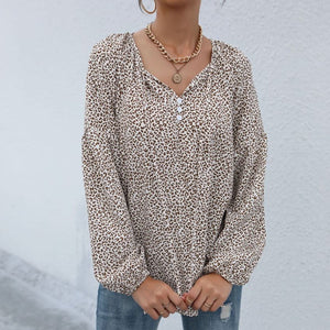 Long Sleeve V-Neck Drawstring Pullover Leopard Print Shirt