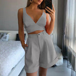 Fashion Solid Color Two Piece Tube Top High Waist Shorts