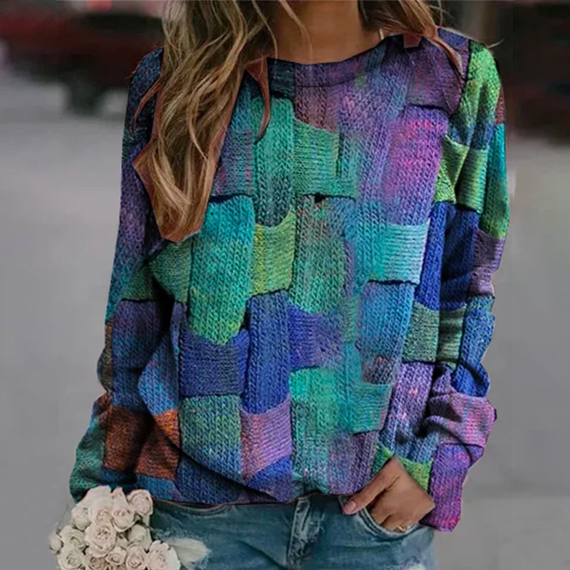 Crew-neck Paneled Long-sleeve Printed Sweater