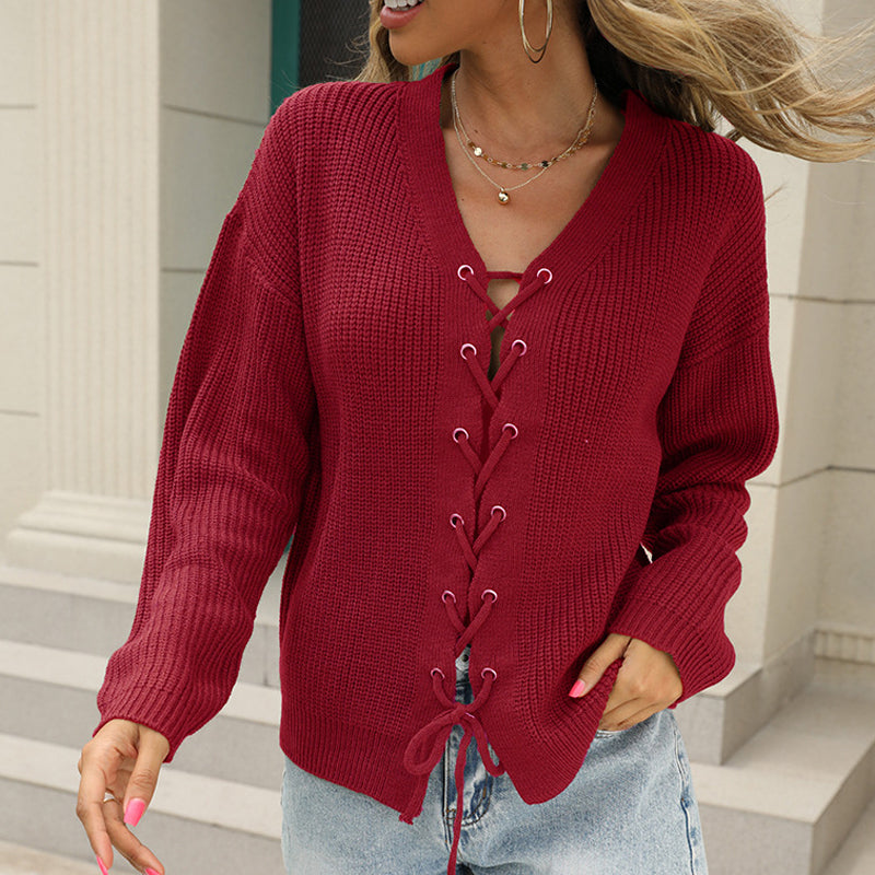 Solid V-Neck Cutout Lace-Up Knit Sweater