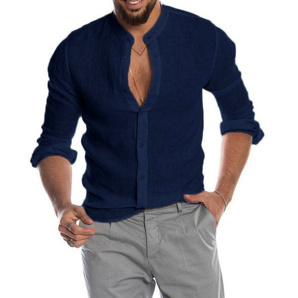 Long-sleeved Loose-fitting Men's Shirt With A Stand-up Collar In Linen