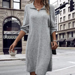 Solid Color Shift Dress with Long Sleeves and Zipper