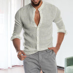 Long-sleeved Loose-fitting Men's Shirt With A Stand-up Collar In Linen