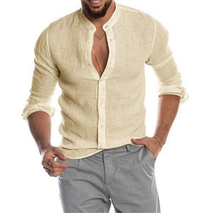 Long-sleeved Loose-fitting Men's Shirt With A Stand-up Collar In Linen