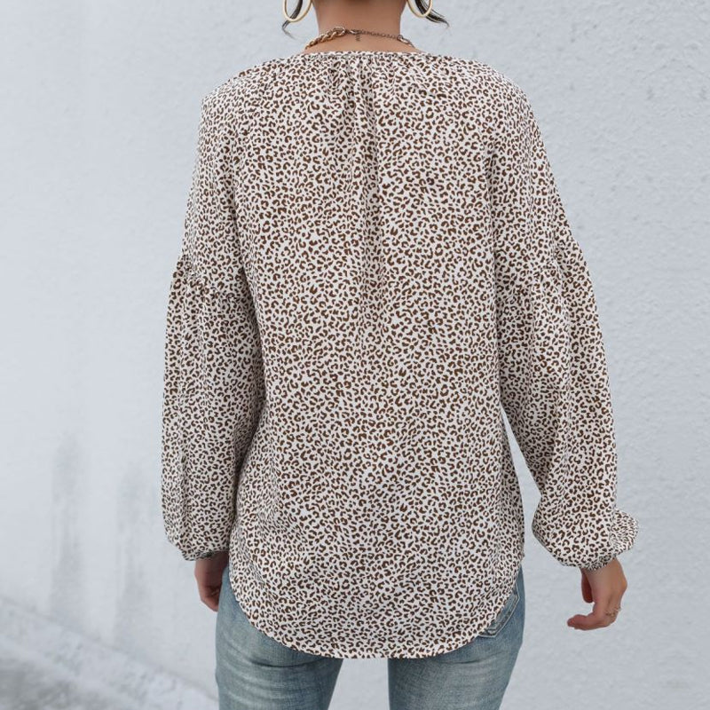 Long Sleeve V-Neck Drawstring Pullover Leopard Print Shirt