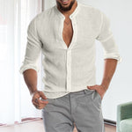 Long-sleeved Loose-fitting Men's Shirt With A Stand-up Collar In Linen