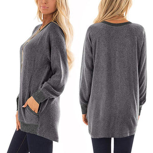 Womens Casual Color Block Long Sleeve Round Neck Pocket T Shirts