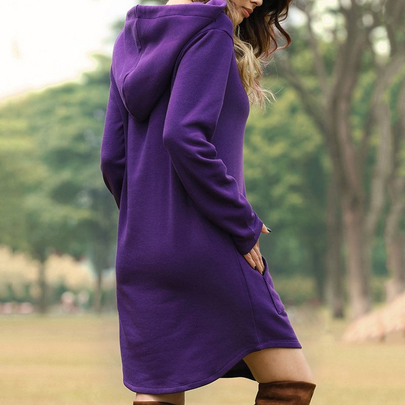 Solid Pocket Long-sleeved Hoody Dress