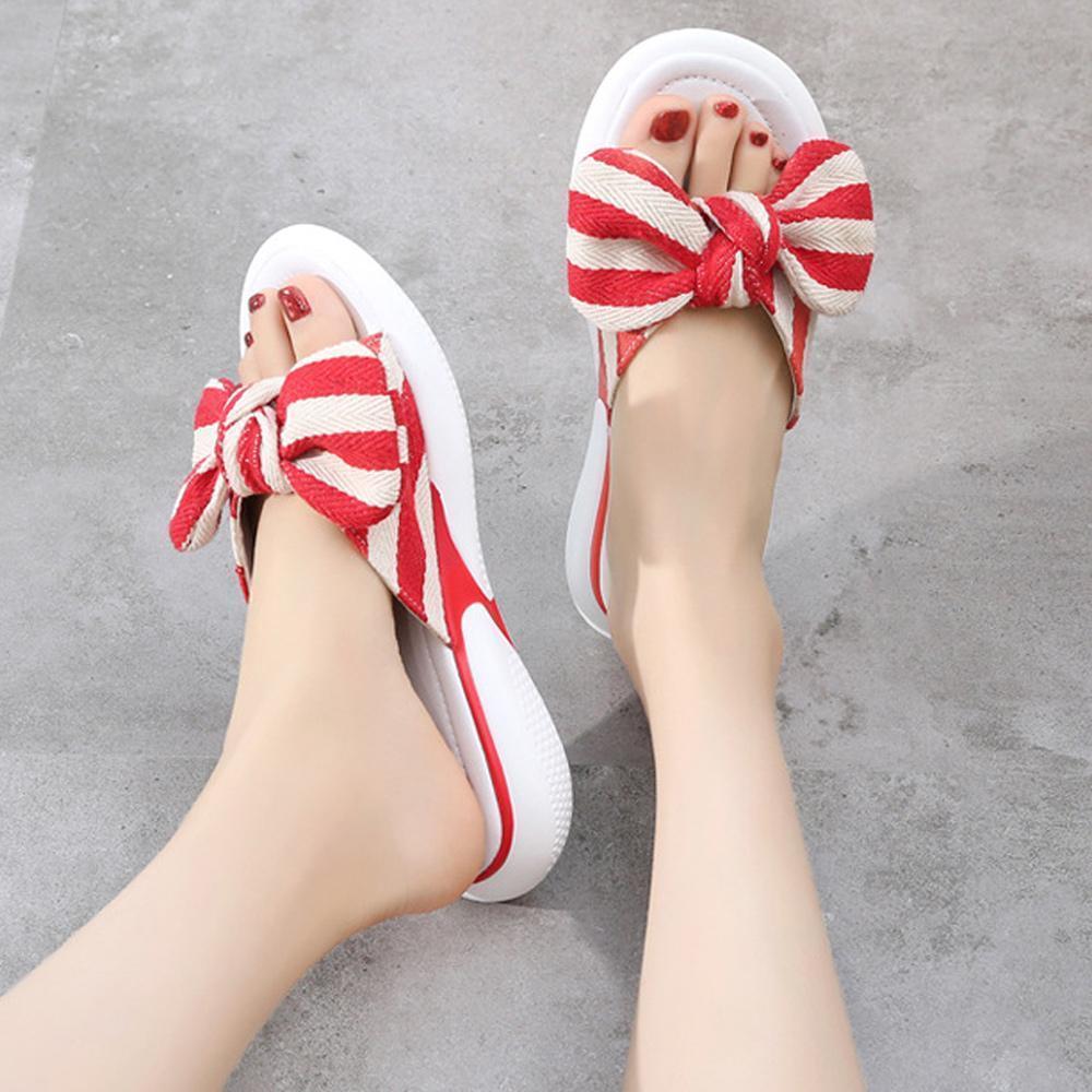 Fashion Open Toe Wedges Bowties Stripe Slides Slippers