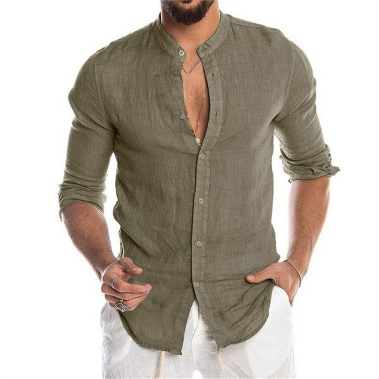 Long-sleeved Loose-fitting Men's Shirt With A Stand-up Collar In Linen