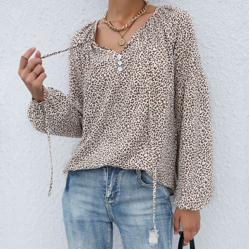 Long Sleeve V-Neck Drawstring Pullover Leopard Print Shirt